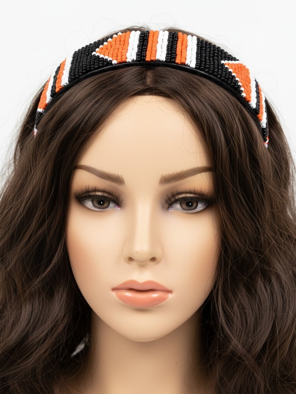 Hand-Beaded Geometric Headband in Black, Orange & White